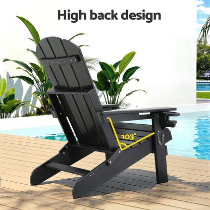 Gardeon Outdoor Chairs Folding Adirondack Beach Chair HDPE Sun Lounge Patio Furniture Garden Black FF-BEACH-HEFD-BK