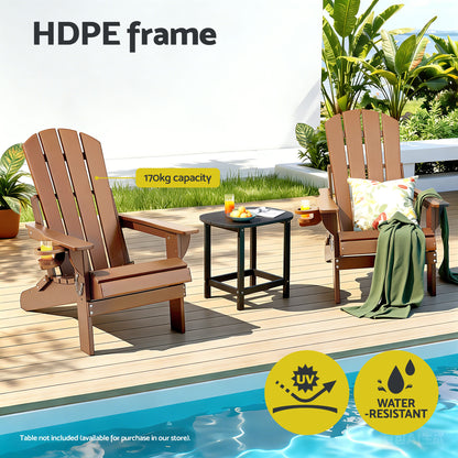 Gardeon Outdoor Chairs Folding Adirondack Beach Chair HDPE Sun Lounge Patio Furniture Garden Brown FF-BEACH-HEFD-BR
