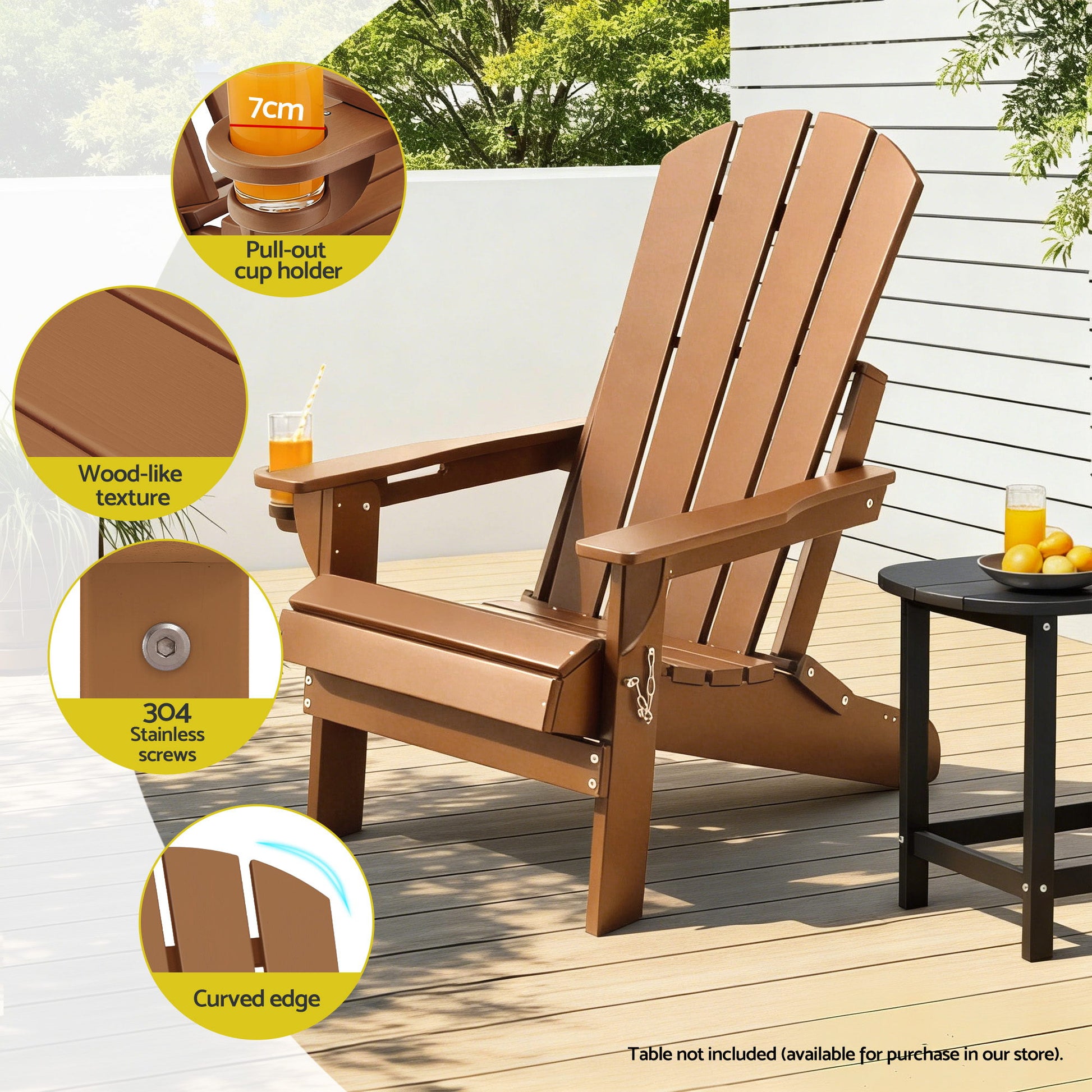 Gardeon Outdoor Chairs Folding Adirondack Beach Chair HDPE Sun Lounge Patio Furniture Garden Brown FF-BEACH-HEFD-BR