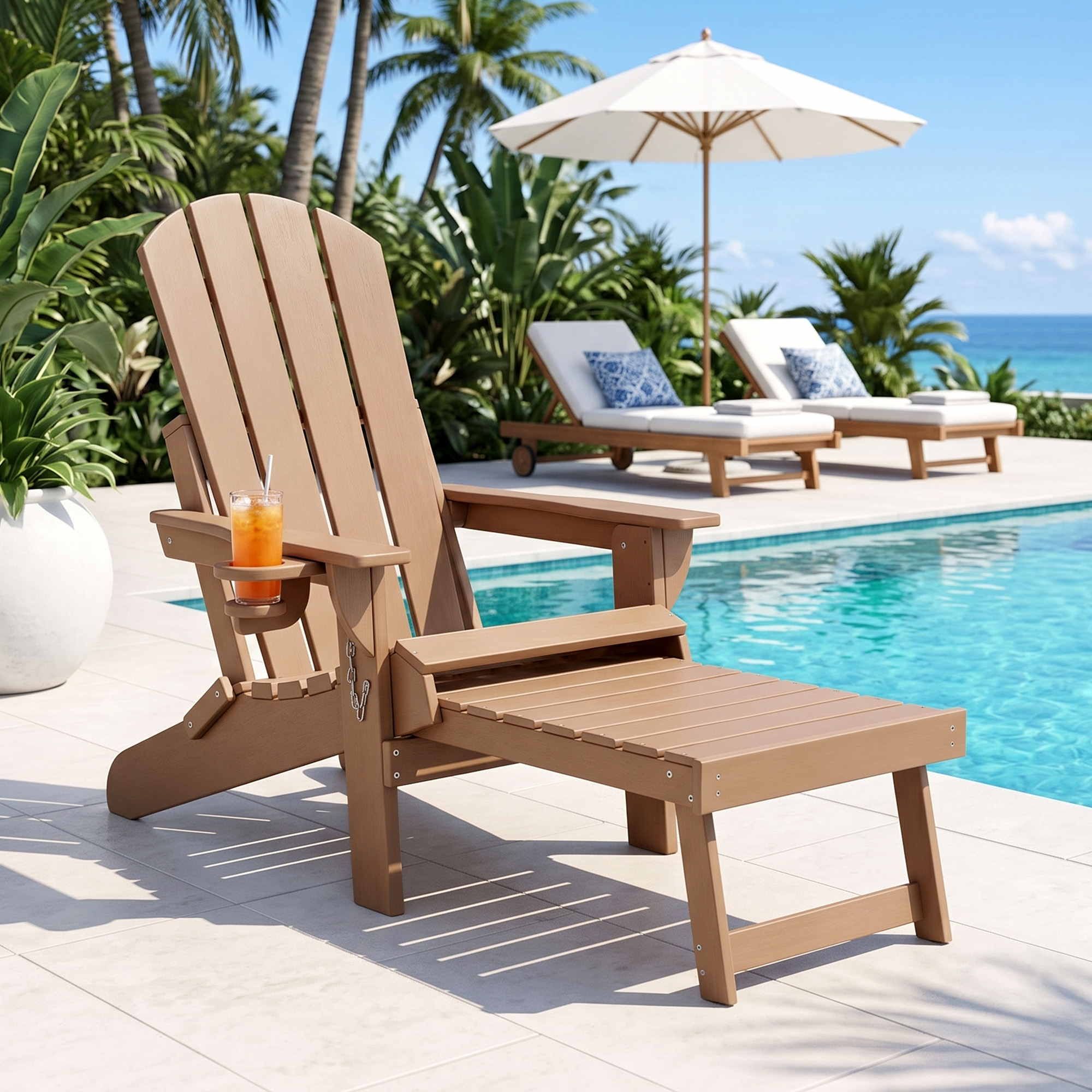 Gardeon Folding Sun Lounger Adirondack Chair Outdoor Lounge Setting HDPE Recliner Footrest Khaki