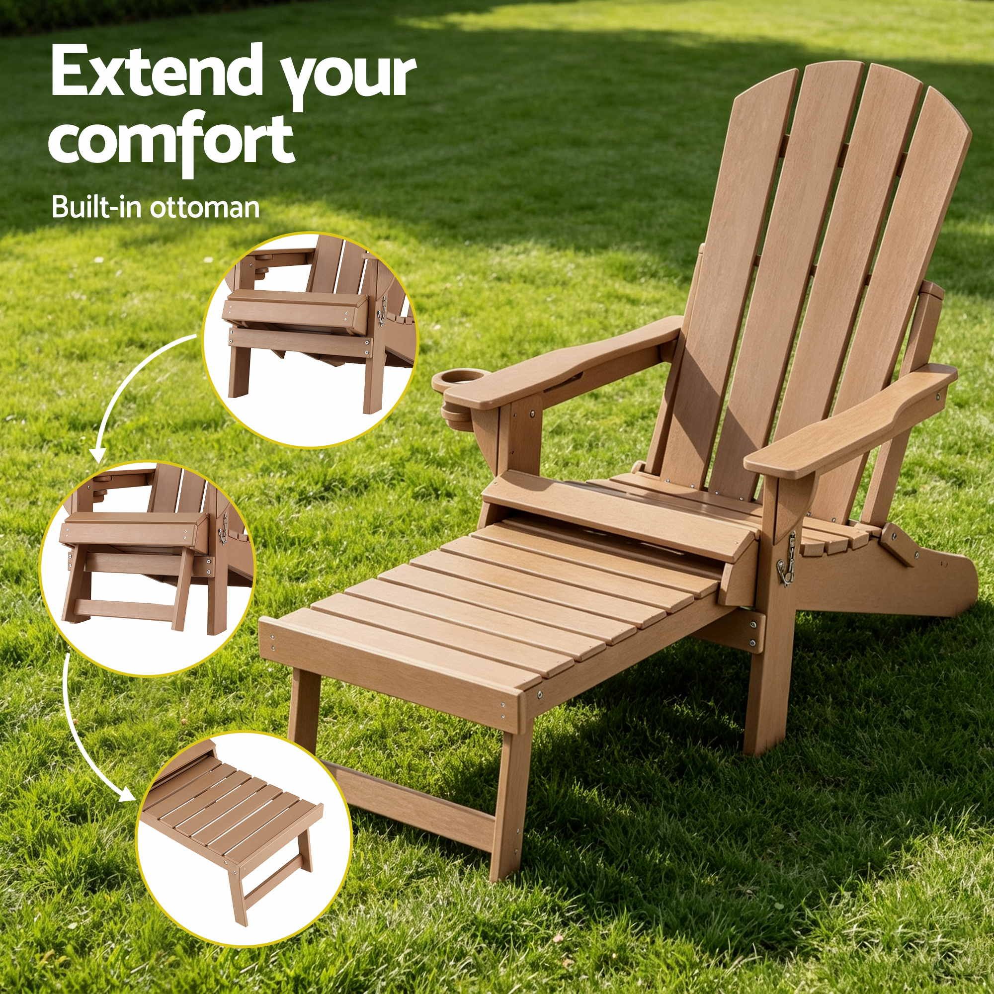 Gardeon Folding Sun Lounger Adirondack Chair Outdoor Lounge Setting HDPE Recliner Footrest Khaki