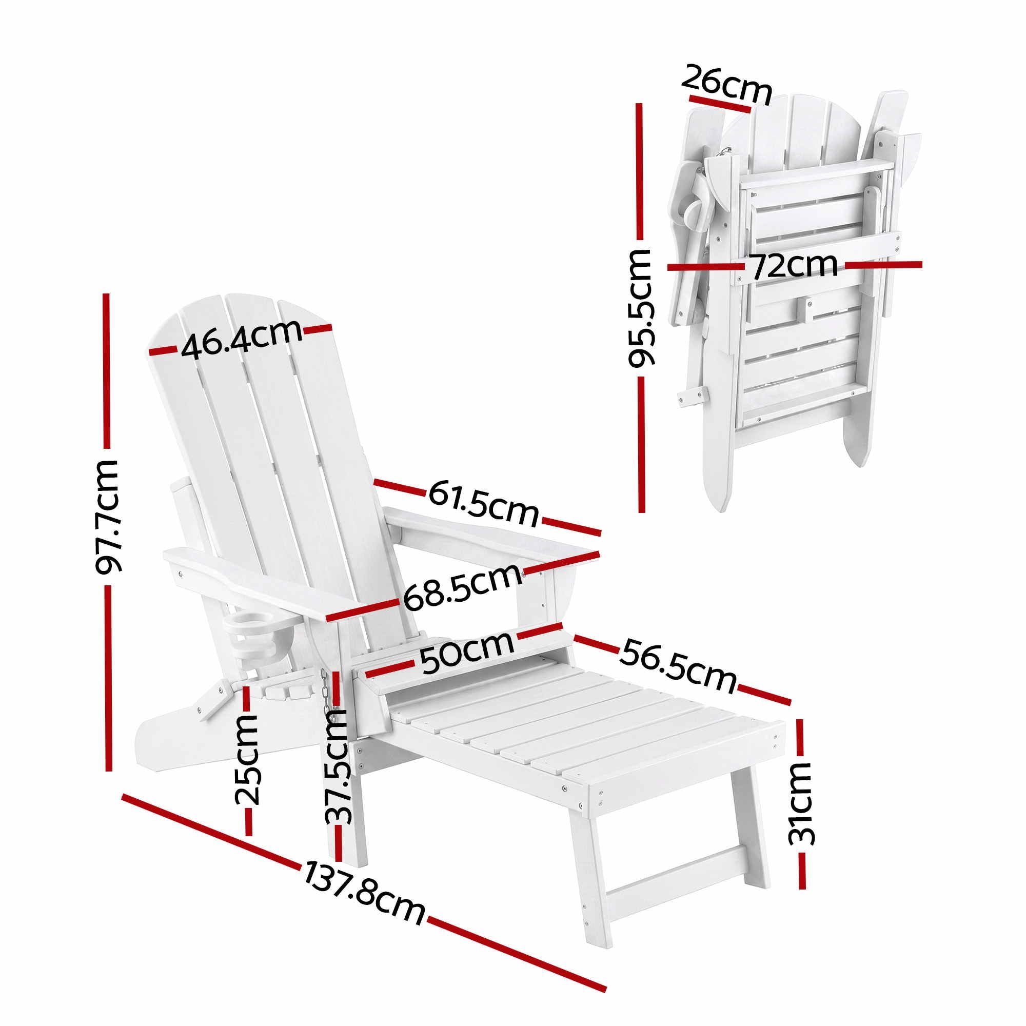 Gardeon Folding Sun Lounger Adirondack Chair Outdoor Lounge Setting HDPE Recliner Footrest White