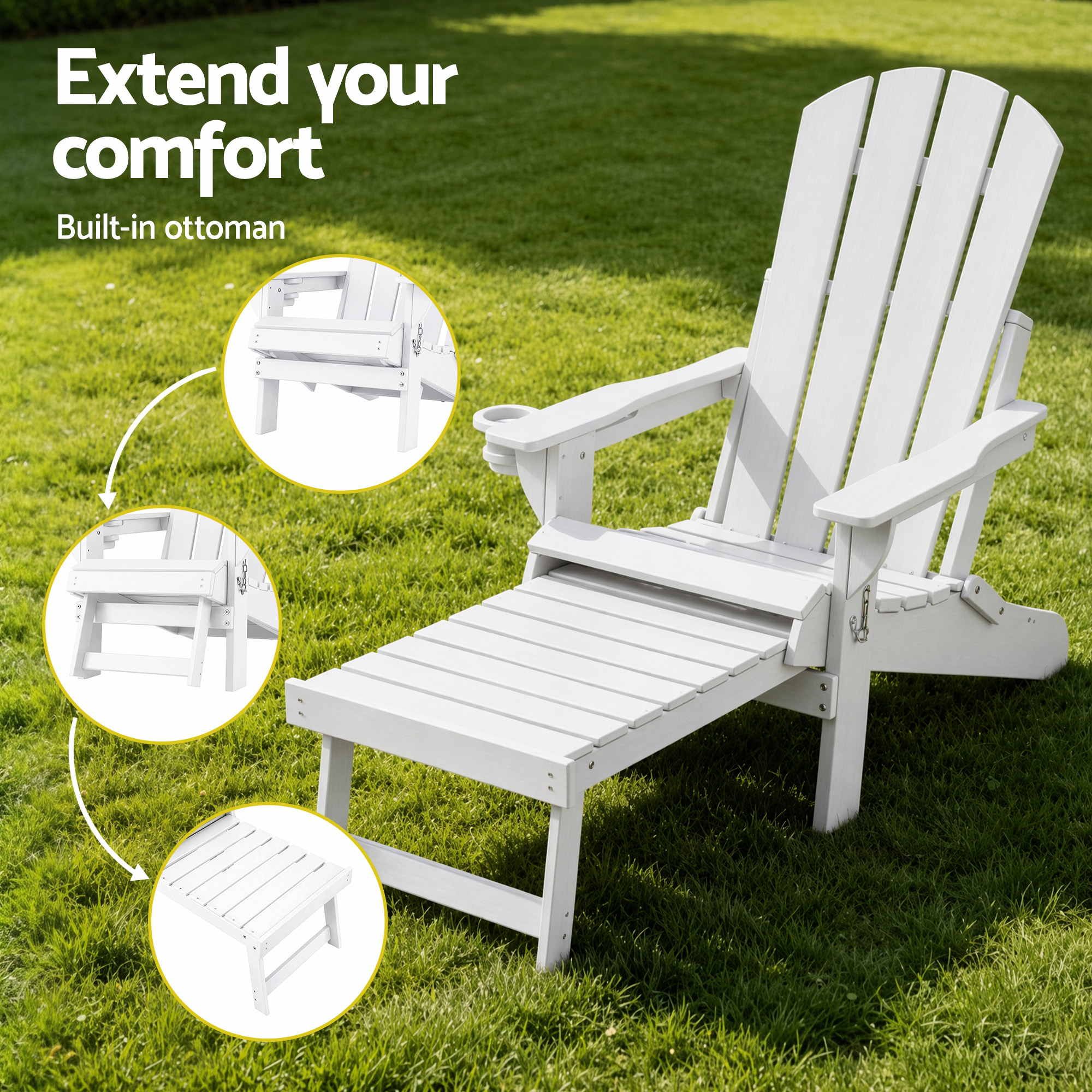 Gardeon Folding Sun Lounger Adirondack Chair Outdoor Lounge Setting HDPE Recliner Footrest White
