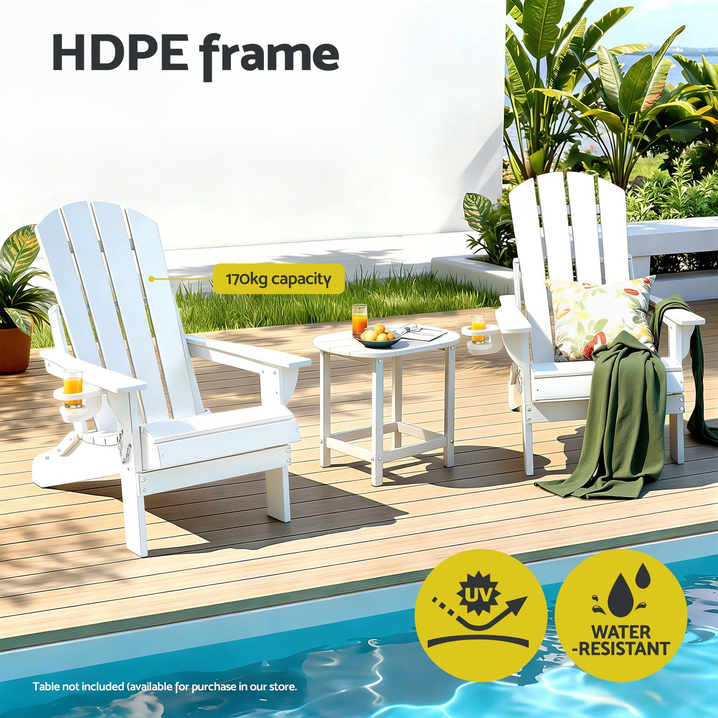 Gardeon Outdoor Chairs Folding Adirondack Beach Chair HDPE Sun Lounge Patio Furniture Garden White FF-BEACH-HEFD-WH