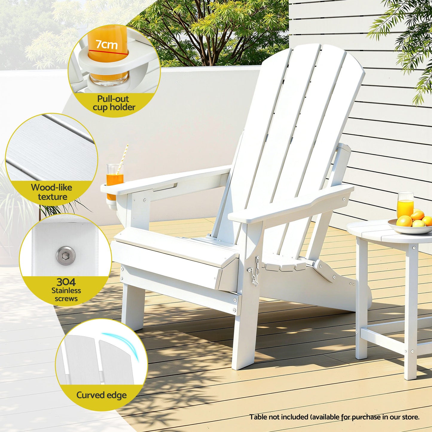 Gardeon Outdoor Chairs Folding Adirondack Beach Chair HDPE Sun Lounge Patio Furniture Garden White FF-BEACH-HEFD-WH