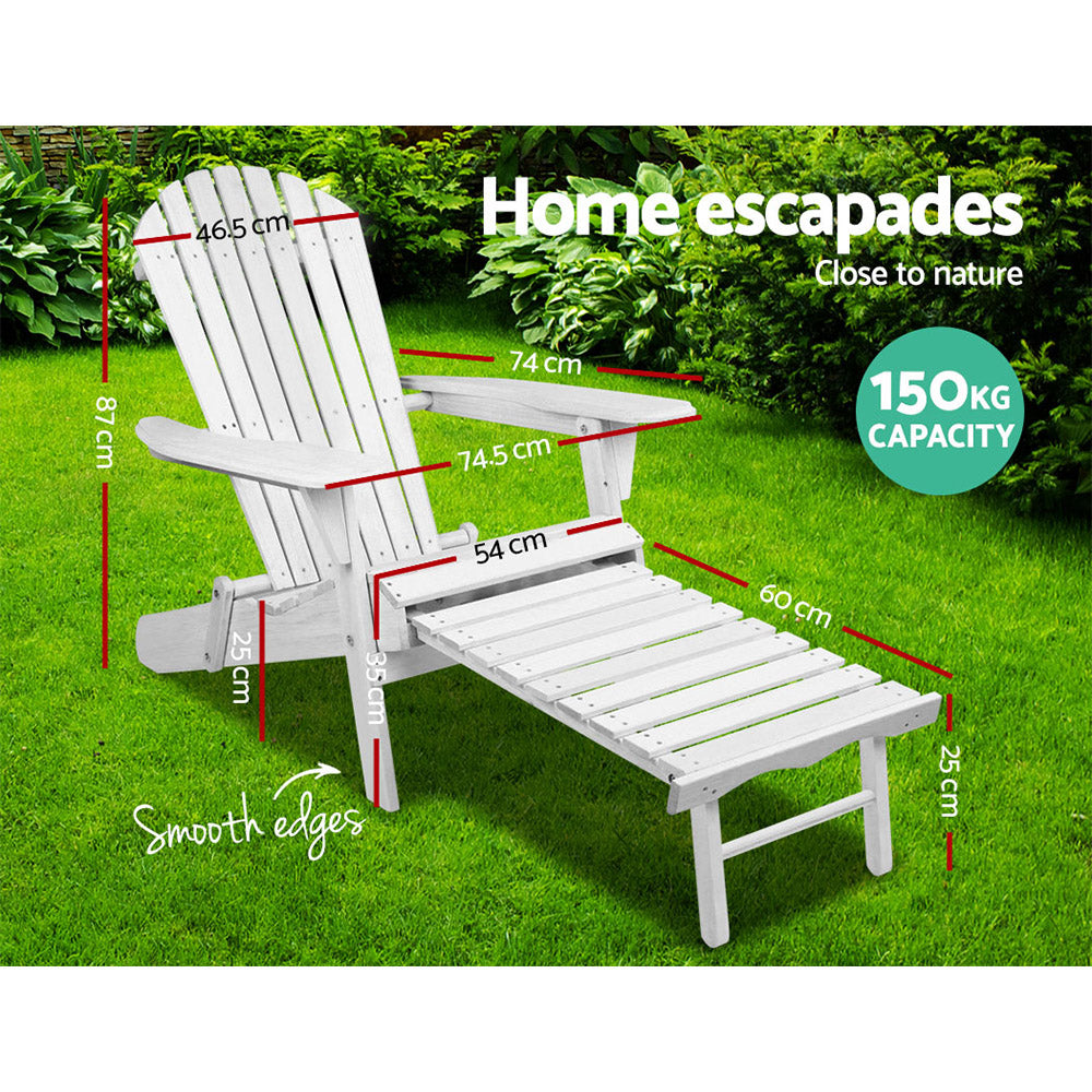 Gardeon Sun Lounge Outdoor Chairs Wooden Foldable Patio Furniture Adirondack White FF-BEACH-NTLCHOTTO-WH