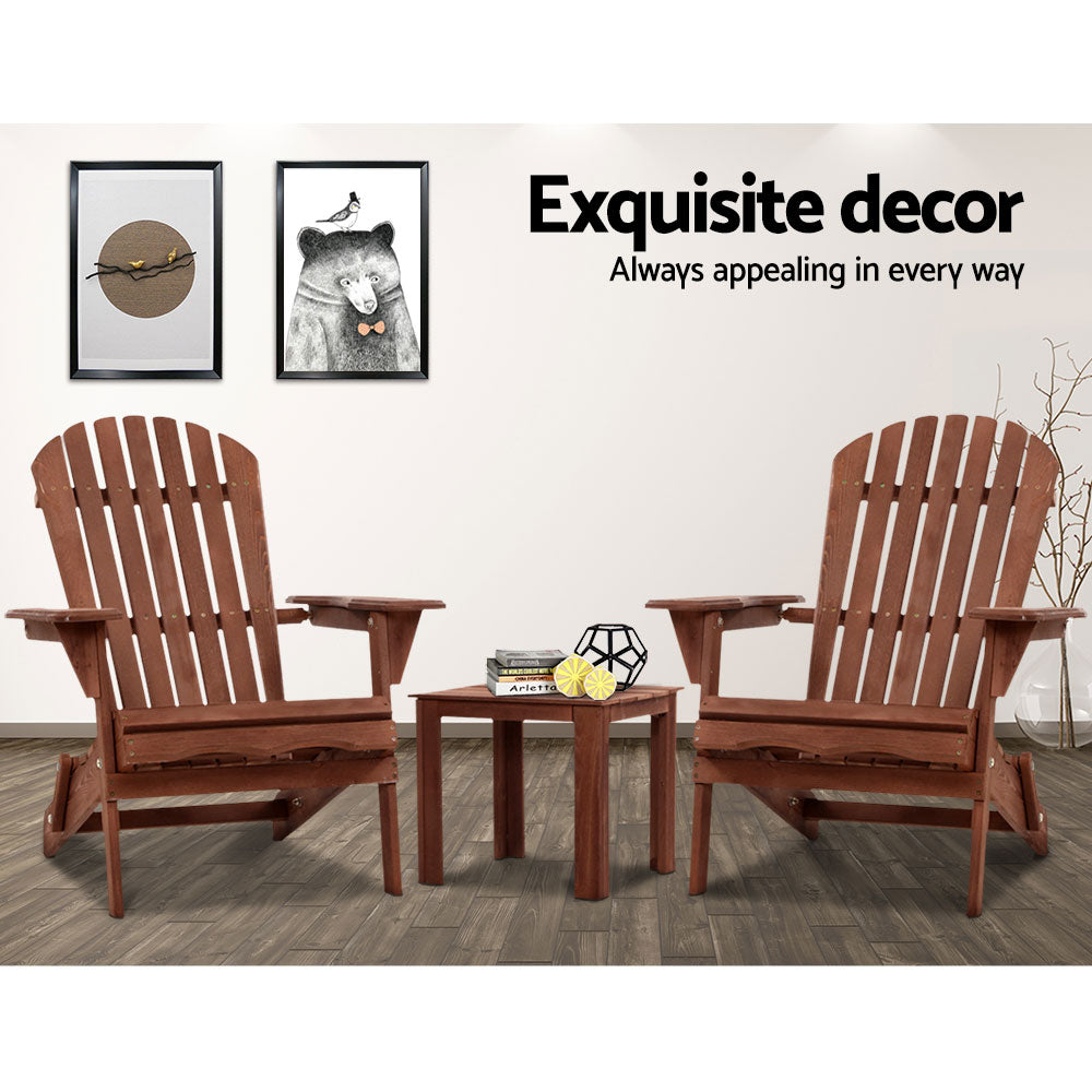 Gardeon 3PC Adirondack Outdoor Table and Chairs Wooden Foldable Beach Chair Brown FF-BEACH-SET-3PC-NTLBR