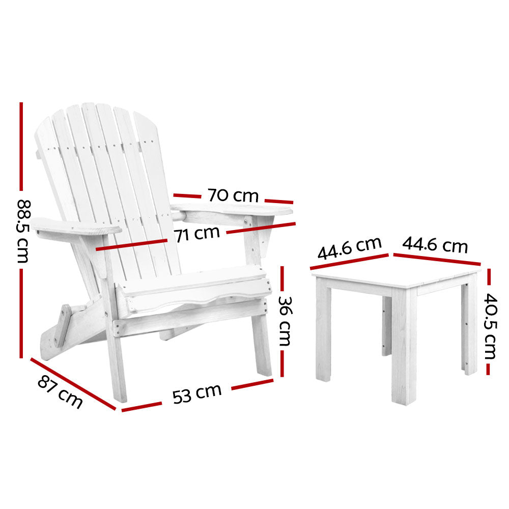 Gardeon 3PC Adirondack Outdoor Table and Chairs Wooden Foldable Beach Chair White FF-BEACH-SET-3WH