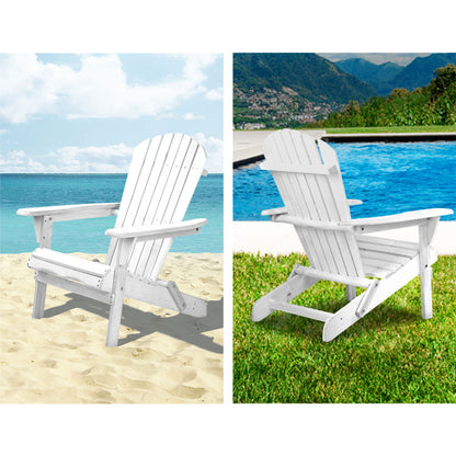 Gardeon 3PC Adirondack Outdoor Table and Chairs Wooden Foldable Beach Chair White FF-BEACH-SET-3WH