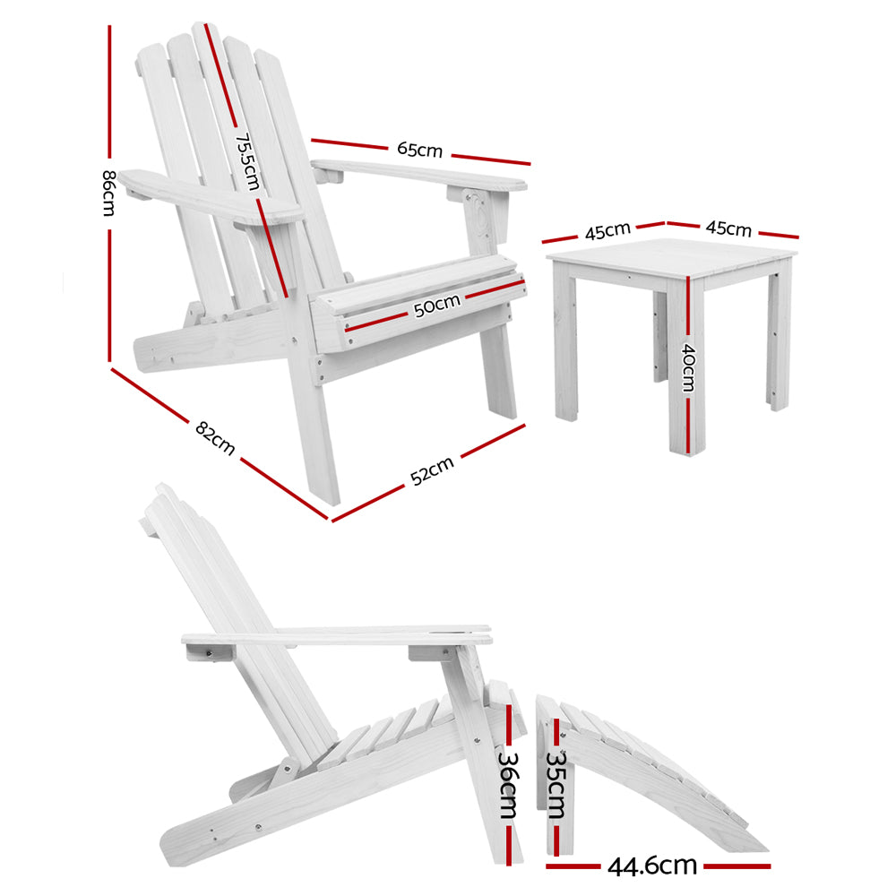 Gardeon 5PC Adirondack Outdoor Table and Chairs Wooden Sun Lounge Patio Furniture White FF-BEACH-UF-5SET-AB