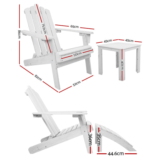 Gardeon 5PC Adirondack Outdoor Table and Chairs Wooden Sun Lounge Patio Furniture White FF-BEACH-UF-5SET-AB