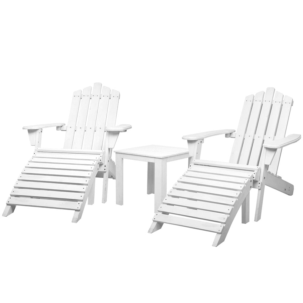 Gardeon 5PC Adirondack Outdoor Table and Chairs Wooden Sun Lounge Patio Furniture White FF-BEACH-UF-5SET-AB