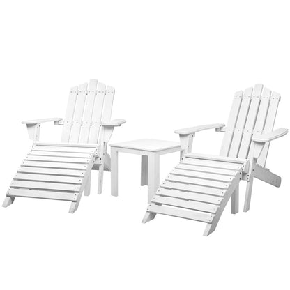Gardeon 5PC Adirondack Outdoor Table and Chairs Wooden Sun Lounge Patio Furniture White FF-BEACH-UF-5SET-AB