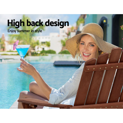 Gardeon 3PC Adirondack Outdoor Table and Chairs Wooden Beach Chair Brown FF-BEACH-UF-CH-BR-3PC