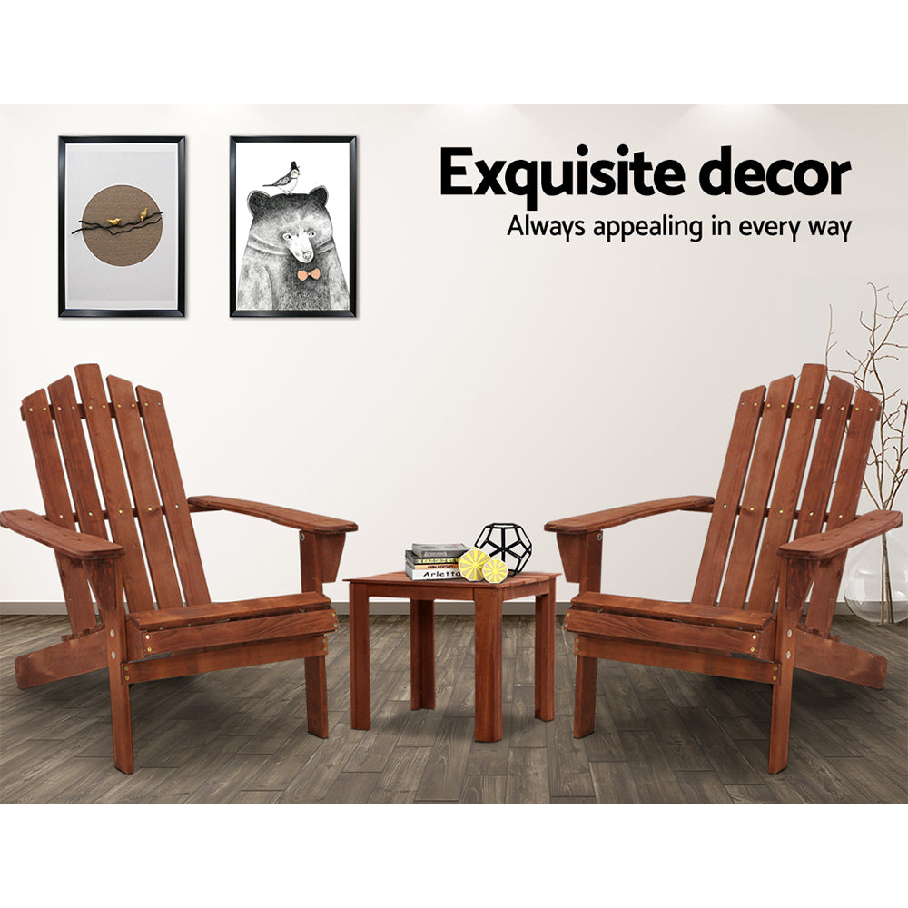 Gardeon 3PC Adirondack Outdoor Table and Chairs Wooden Beach Chair Brown FF-BEACH-UF-CH-BR-3PC