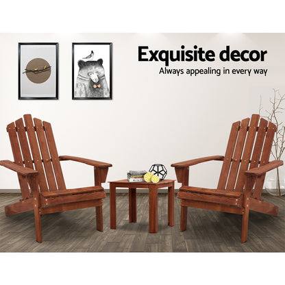 Gardeon 3PC Adirondack Outdoor Table and Chairs Wooden Beach Chair Brown FF-BEACH-UF-CH-BR-3PC