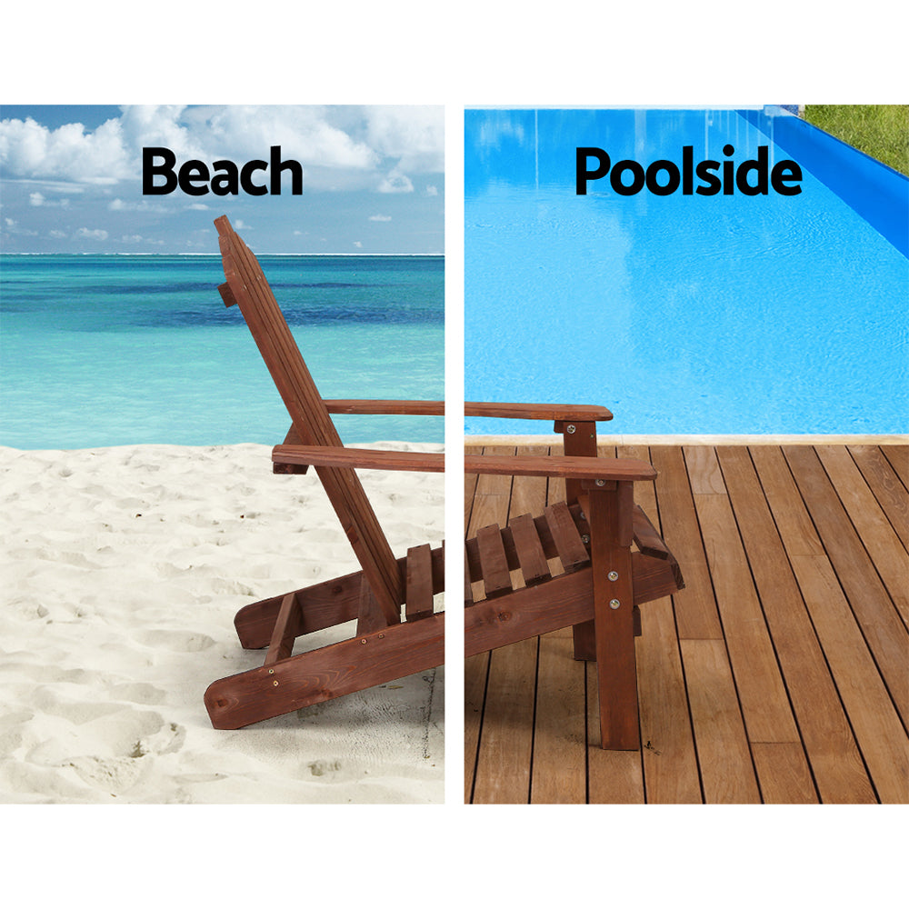Gardeon 3PC Adirondack Outdoor Table and Chairs Wooden Beach Chair Brown FF-BEACH-UF-CH-BR-3PC