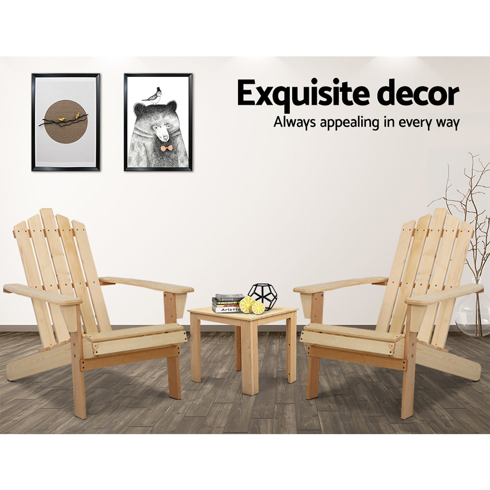 Gardeon 3PC Adirondack Outdoor Table and Chairs Wooden Beach Chair Natural FF-BEACH-UF-CH-NW-3PC