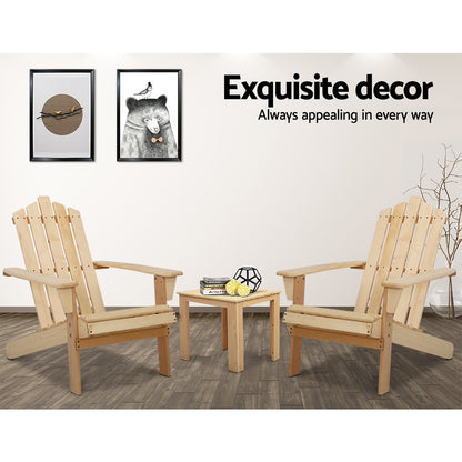 Gardeon 3PC Adirondack Outdoor Table and Chairs Wooden Beach Chair Natural FF-BEACH-UF-CH-NW-3PC