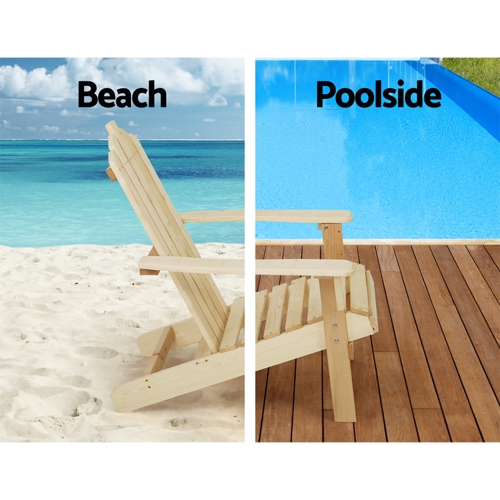 Gardeon 3PC Adirondack Outdoor Table and Chairs Wooden Beach Chair Natural FF-BEACH-UF-CH-NW-3PC