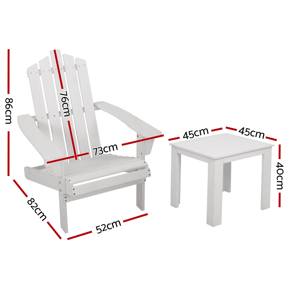 Gardeon 2PC Adirondack Outdoor Table and Chair Wooden Beach Chair Patio Furniture White FF-BEACH-UF-CHTB-WH