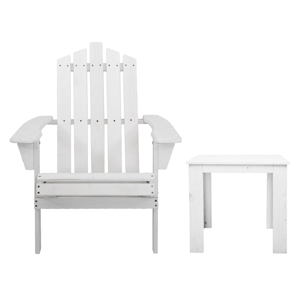 Gardeon 2PC Adirondack Outdoor Table and Chair Wooden Beach Chair Patio Furniture White FF-BEACH-UF-CHTB-WH