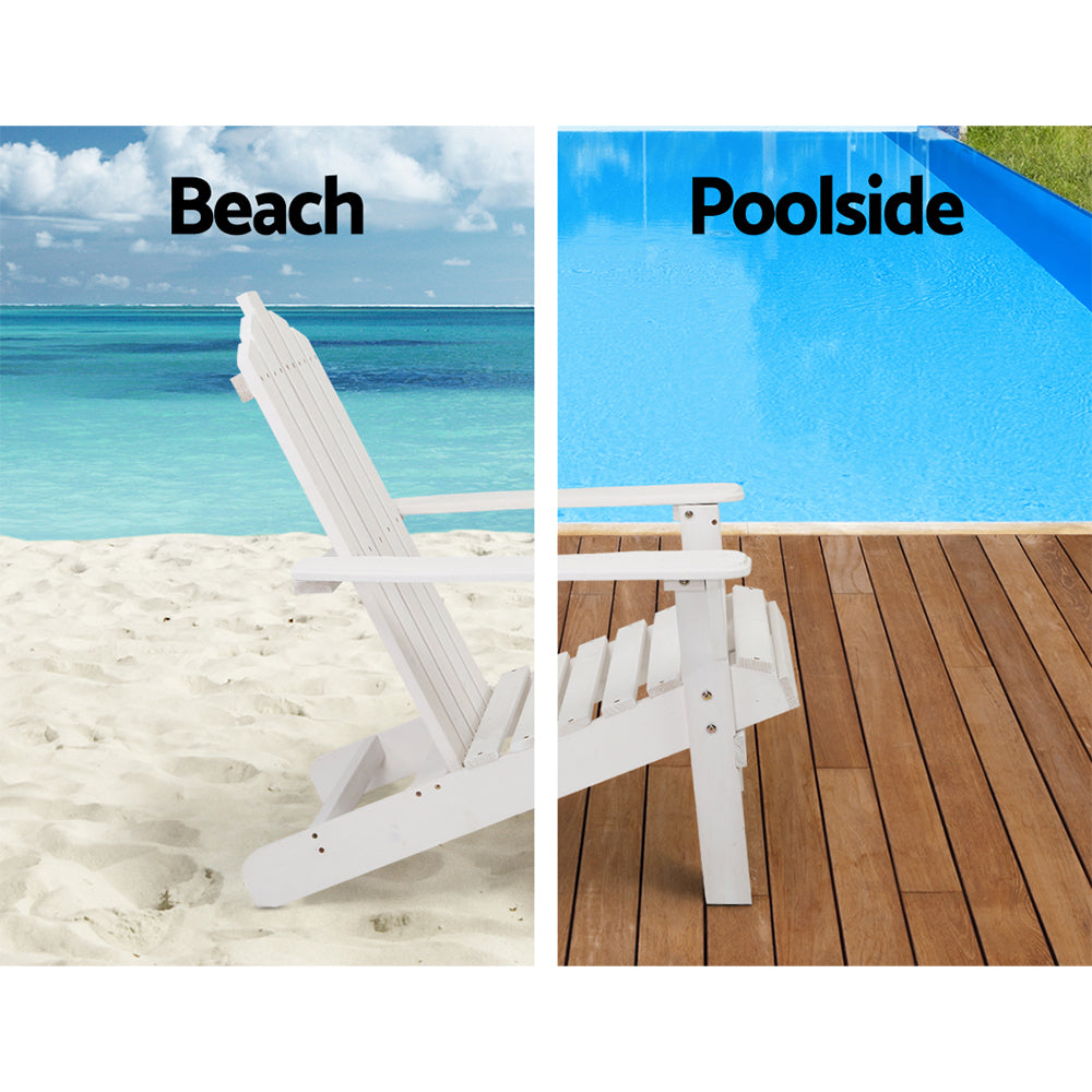 Gardeon 2PC Adirondack Outdoor Table and Chair Wooden Beach Chair Patio Furniture White FF-BEACH-UF-CHTB-WH