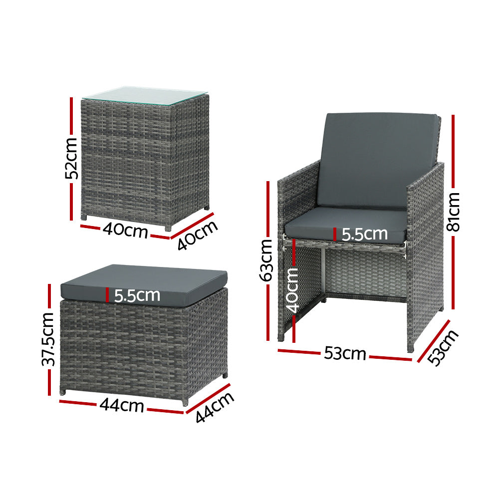 Gardeon 5PC Bistro Set Wicker Table and Chairs Ottoman Outdoor Furniture Grey FF-CH-ST-5PCS-GE