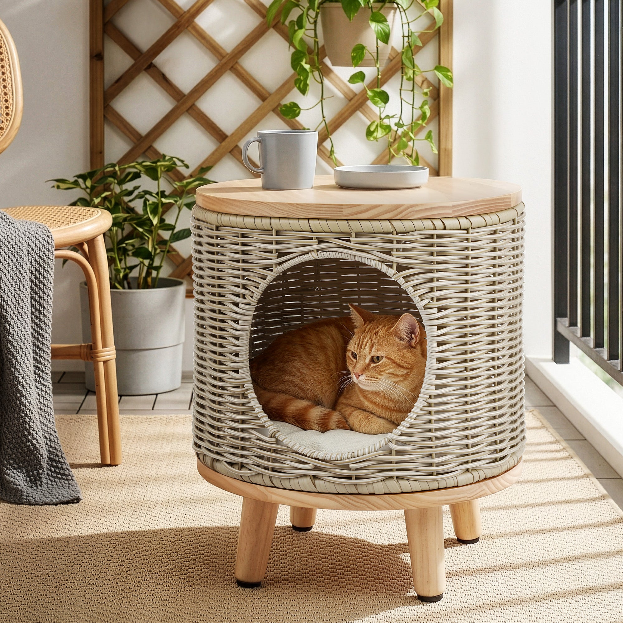 Gardeon Coffee Side Table Wicker Steel Desk Pet Bed Storage Outdoor Furniture FF-COFFEE-TB-WD-BE