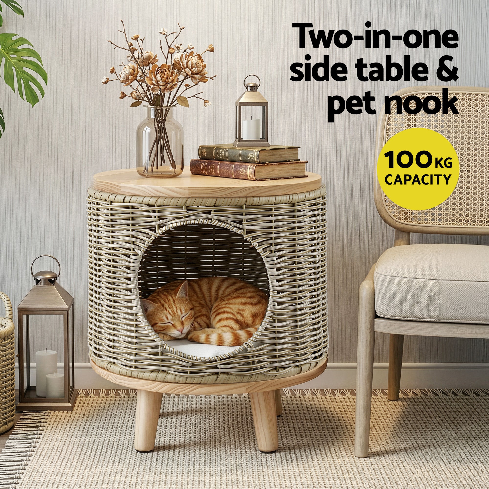 Gardeon Coffee Side Table Wicker Steel Desk Pet Bed Storage Outdoor Furniture FF-COFFEE-TB-WD-BE