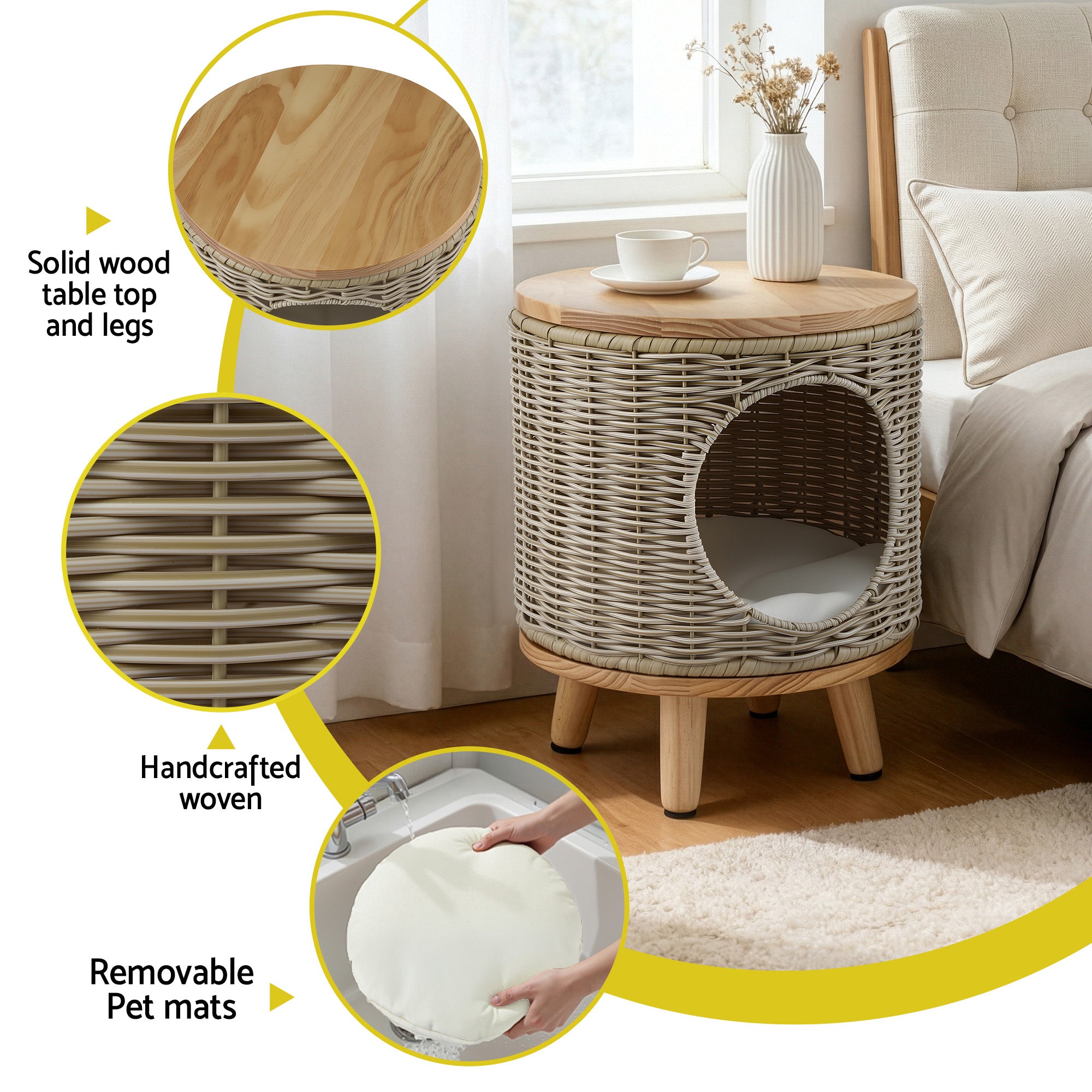 Gardeon Coffee Side Table Wicker Steel Desk Pet Bed Storage Outdoor Furniture FF-COFFEE-TB-WD-BE