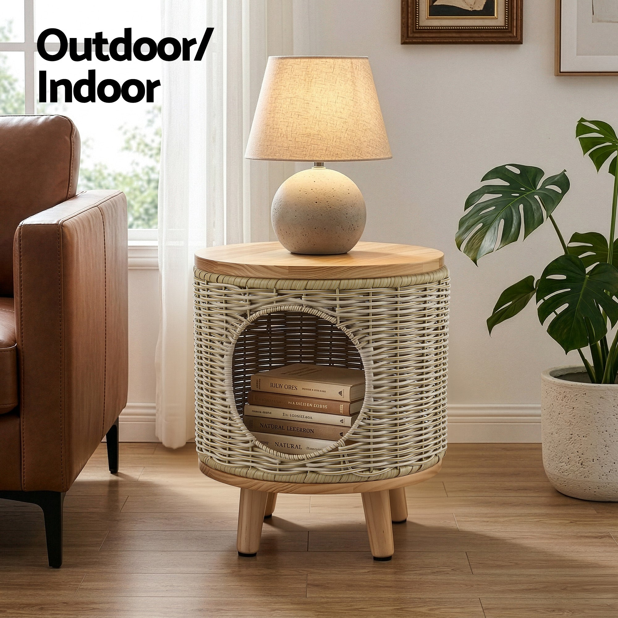 Gardeon Coffee Side Table Wicker Steel Desk Pet Bed Storage Outdoor Furniture FF-COFFEE-TB-WD-BE
