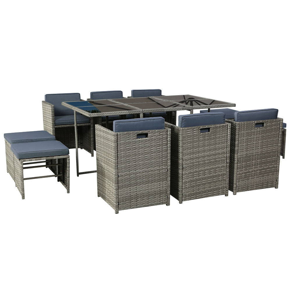 Gardeon Outdoor Dining Set 11 Piece Wicker Table Chairs Setting Grey FF-DINING-11SET-GE