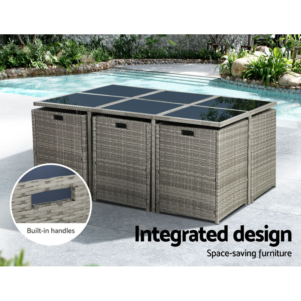 Gardeon Outdoor Dining Set 11 Piece Wicker Table Chairs Setting Grey FF-DINING-11SET-GE