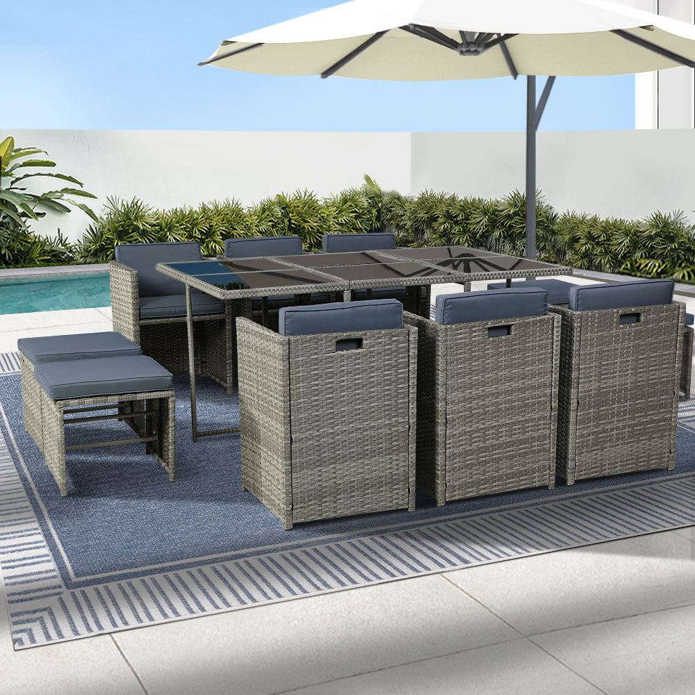 Gardeon Outdoor Dining Set 11 Piece Wicker Table Chairs Setting Grey FF-DINING-11SET-GE