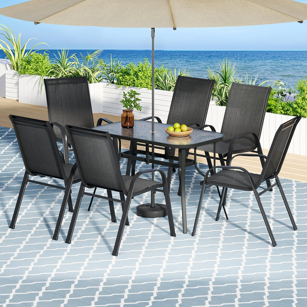 Gardeon 7PC Outdoor Dining Set Table and Chairs Patio Furniture Garden Bistro Set Black FF-DINING-120-7PCS-BK