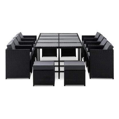Gardeon Outdoor Dining Set 13 Piece Wicker Table Chairs Setting Black FF-DINING-13-BK-ABCDE