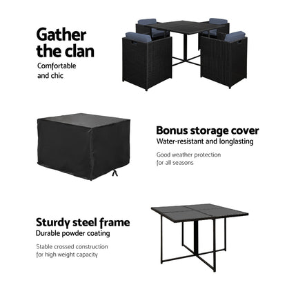 Gardeon Outdoor Dining Set 5 Piece Wicker Table Chairs Setting Black FF-DINING-5SET-BK