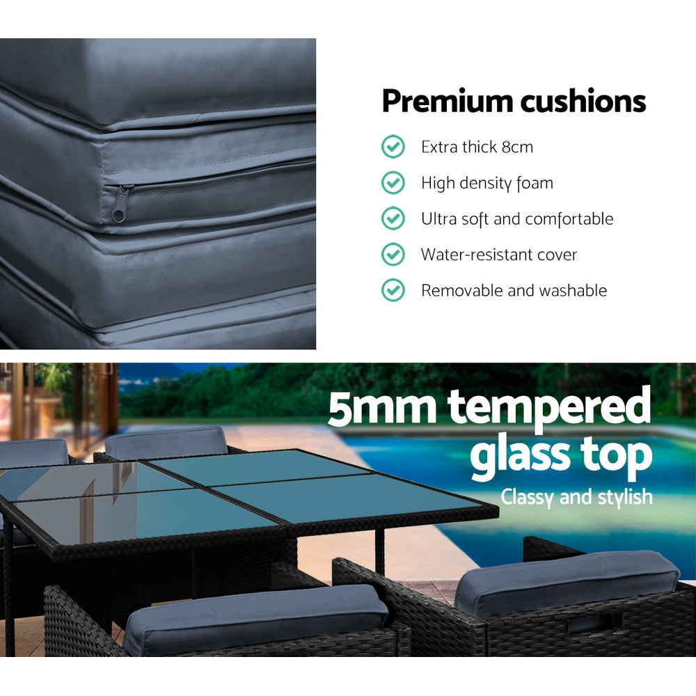 Gardeon Outdoor Dining Set 5 Piece Wicker Table Chairs Setting Black FF-DINING-5SET-BK