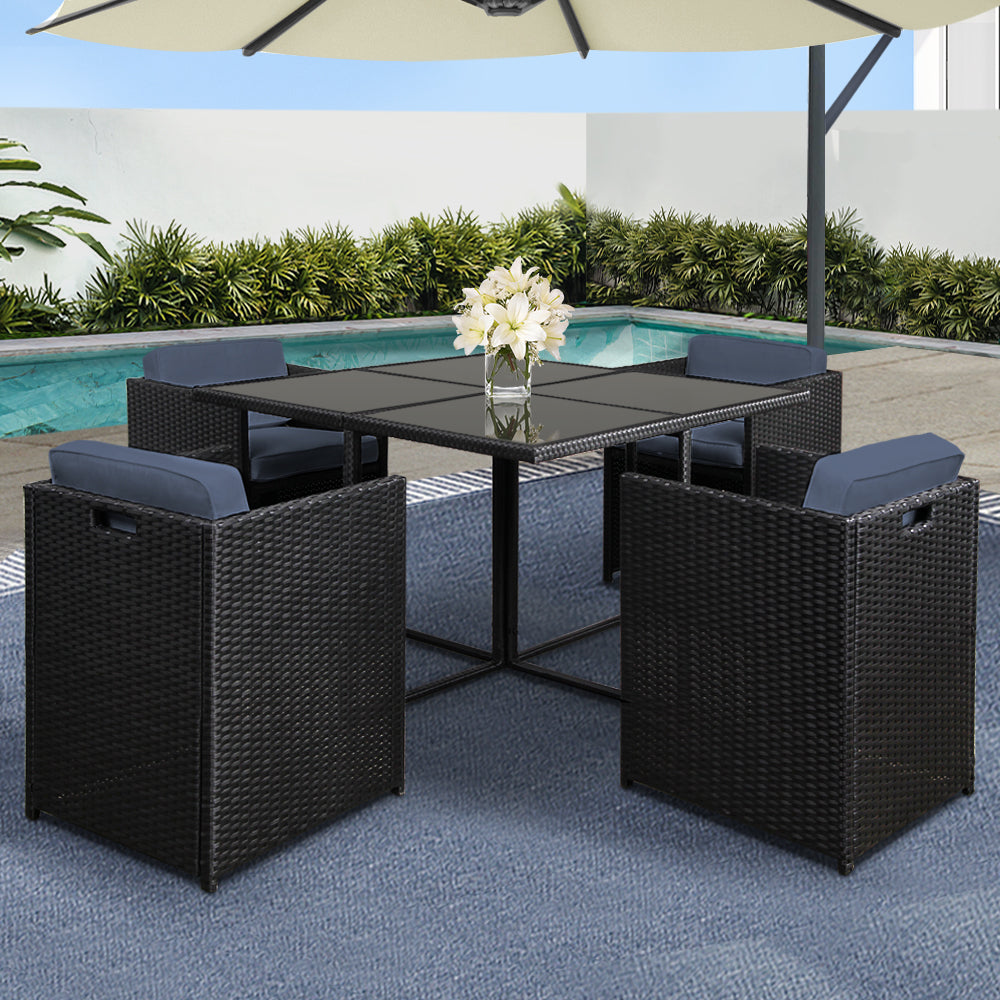 Gardeon Outdoor Dining Set 5 Piece Wicker Table Chairs Setting Black FF-DINING-5SET-BK