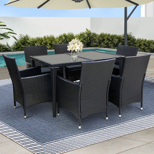 Gardeon Outdoor Dining Set 7 Piece Wicker Lounge Setting Black FF-DINING-7CLS-BK-ABC