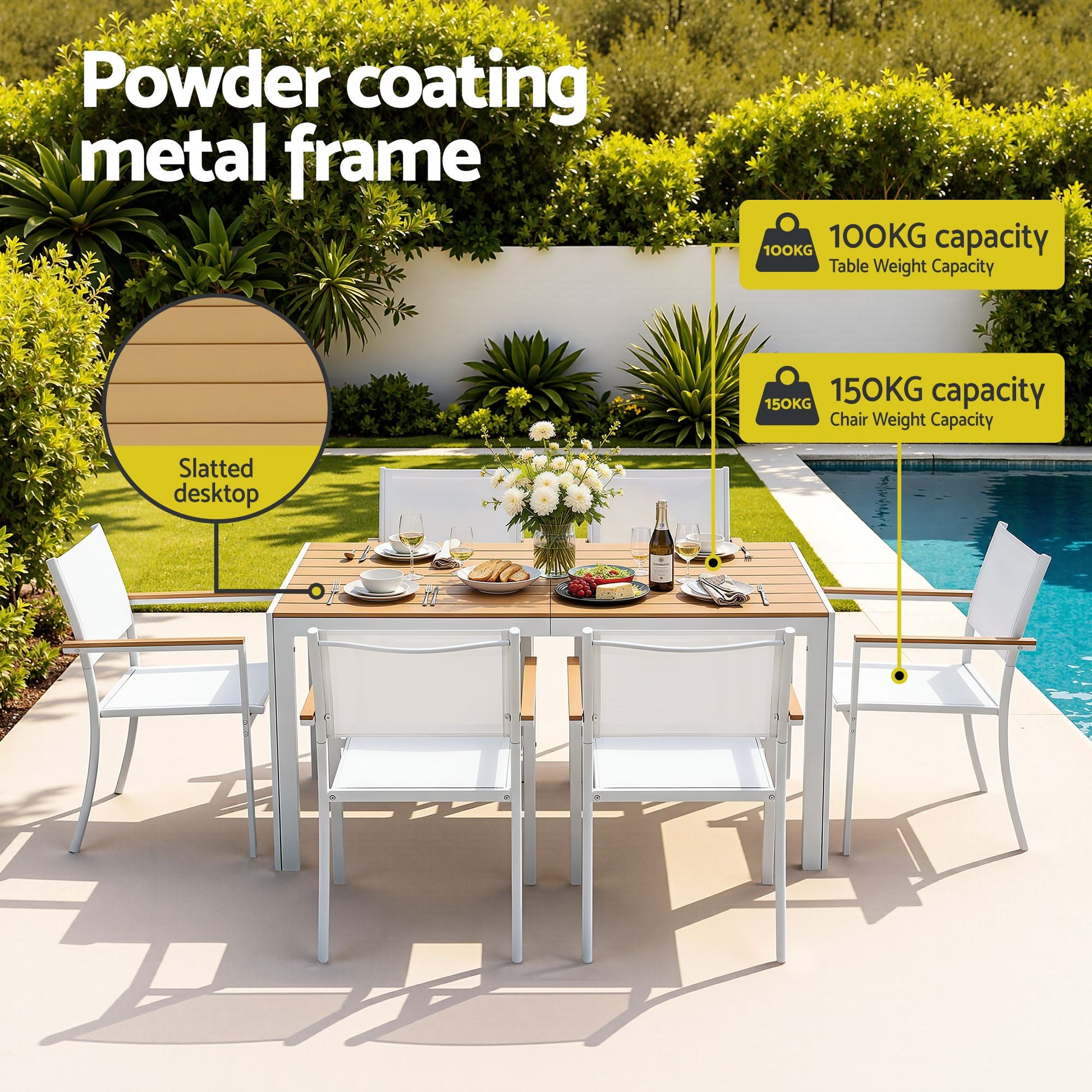 Gardeon 7PCS Outdoor Dining Set Table and Chairs Patio Garden Furniture Bistro Set White FF-DINING-7PLW-WH-ABC