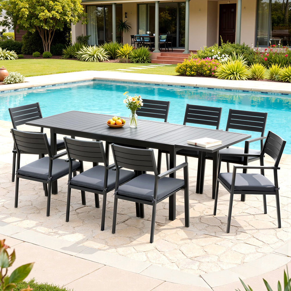 Gardeon Outdoor Dining Set 9PCS Aluminum Extendable Table Chairs Patio Furniture FF-DINING-9ALU-BK-ABC