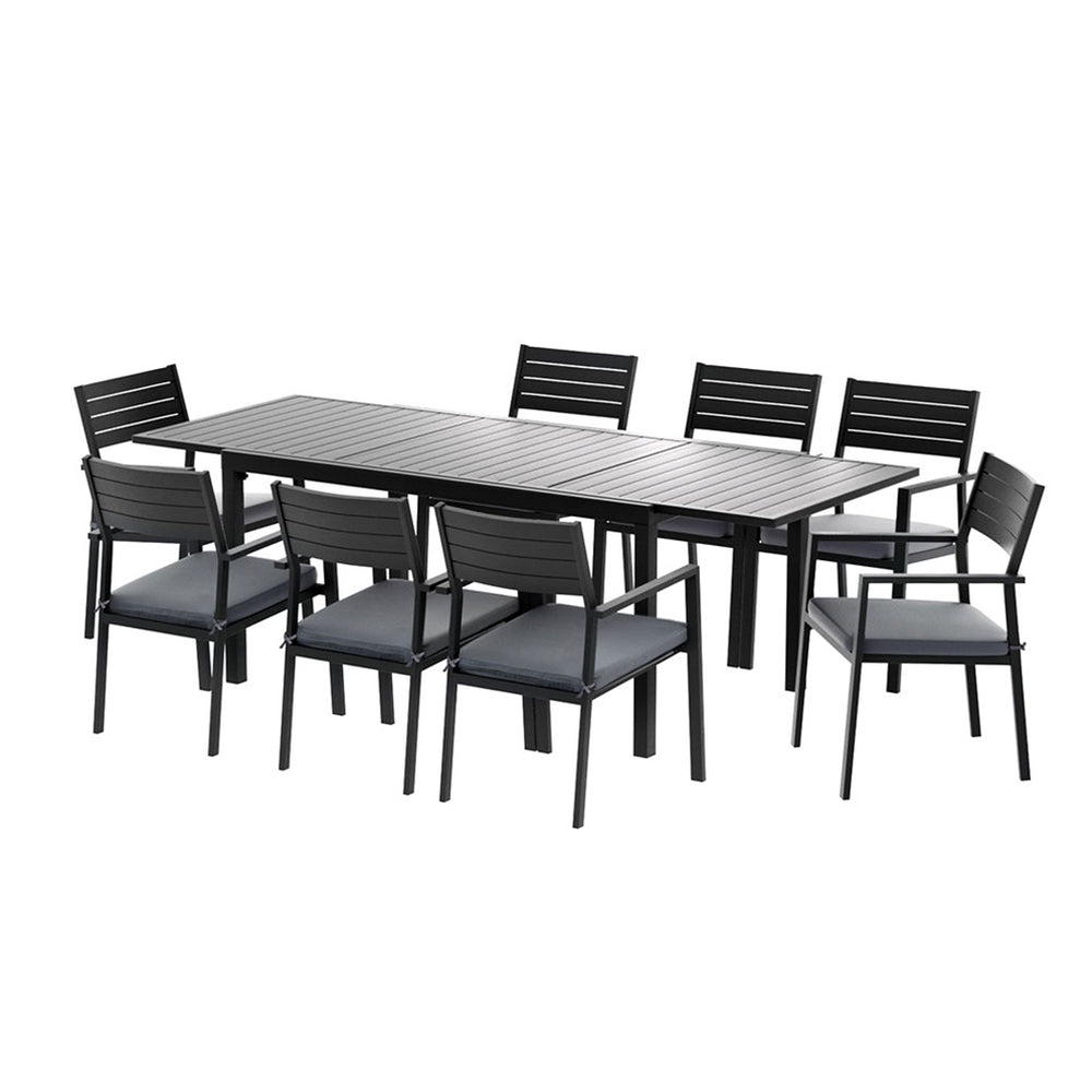 Gardeon Outdoor Dining Set 9PCS Aluminum Extendable Table Chairs Patio Furniture FF-DINING-9ALU-BK-ABC