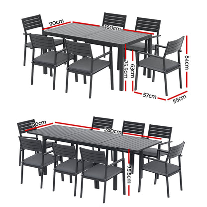 Gardeon Outdoor Dining Set 9PCS Aluminum Extendable Table Chairs Patio Furniture FF-DINING-9ALU-BK-ABC