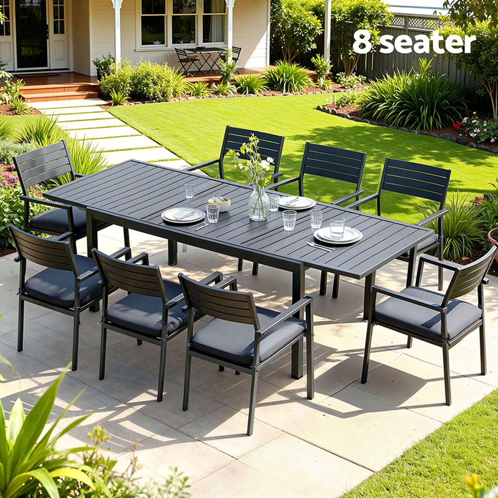 Gardeon Outdoor Dining Set 9PCS Aluminum Extendable Table Chairs Patio Furniture FF-DINING-9ALU-BK-ABC