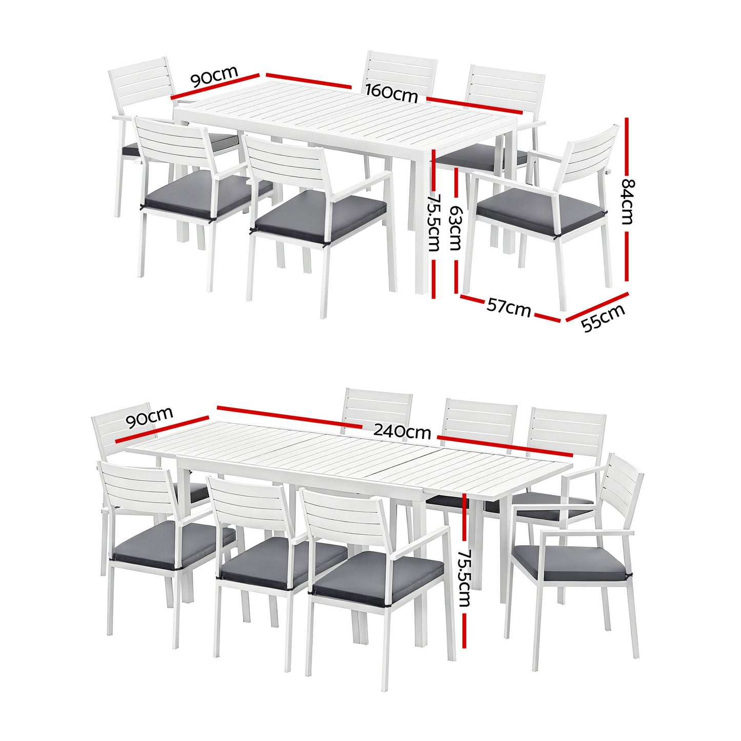 Gardeon Outdoor Dining Set 9PCS Aluminum Extendable Table Chairs Patio Furniture FF-DINING-9ALU-WH-ABC