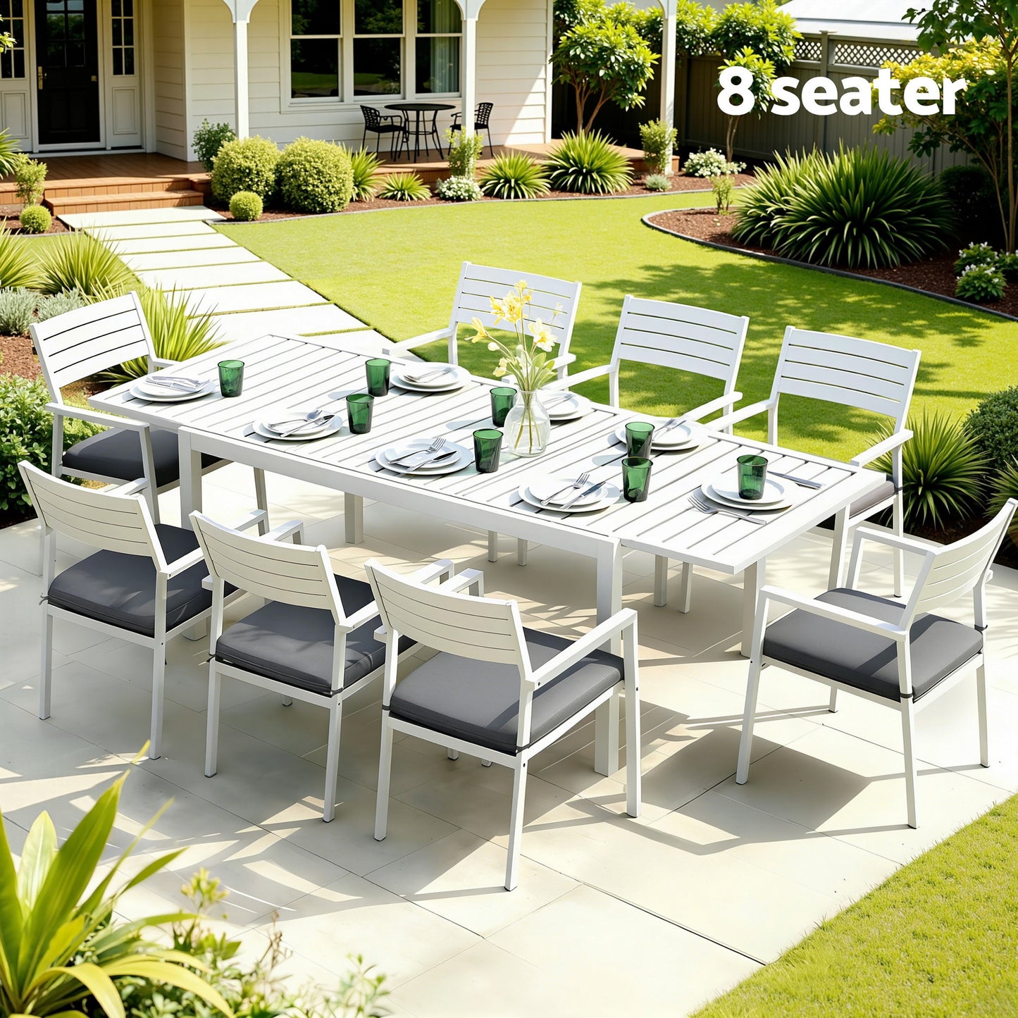 Gardeon Outdoor Dining Set 9PCS Aluminum Extendable Table Chairs Patio Furniture FF-DINING-9ALU-WH-ABC