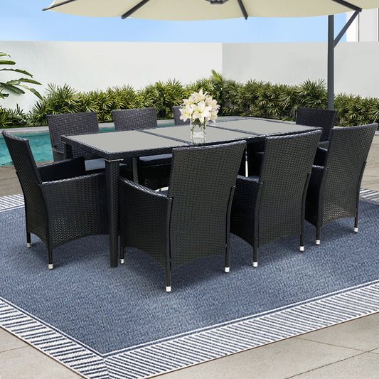 Gardeon Outdoor Dining Set 9 Piece Wicker Lounge Setting Black FF-DINING-9CLS-BK-ABCD