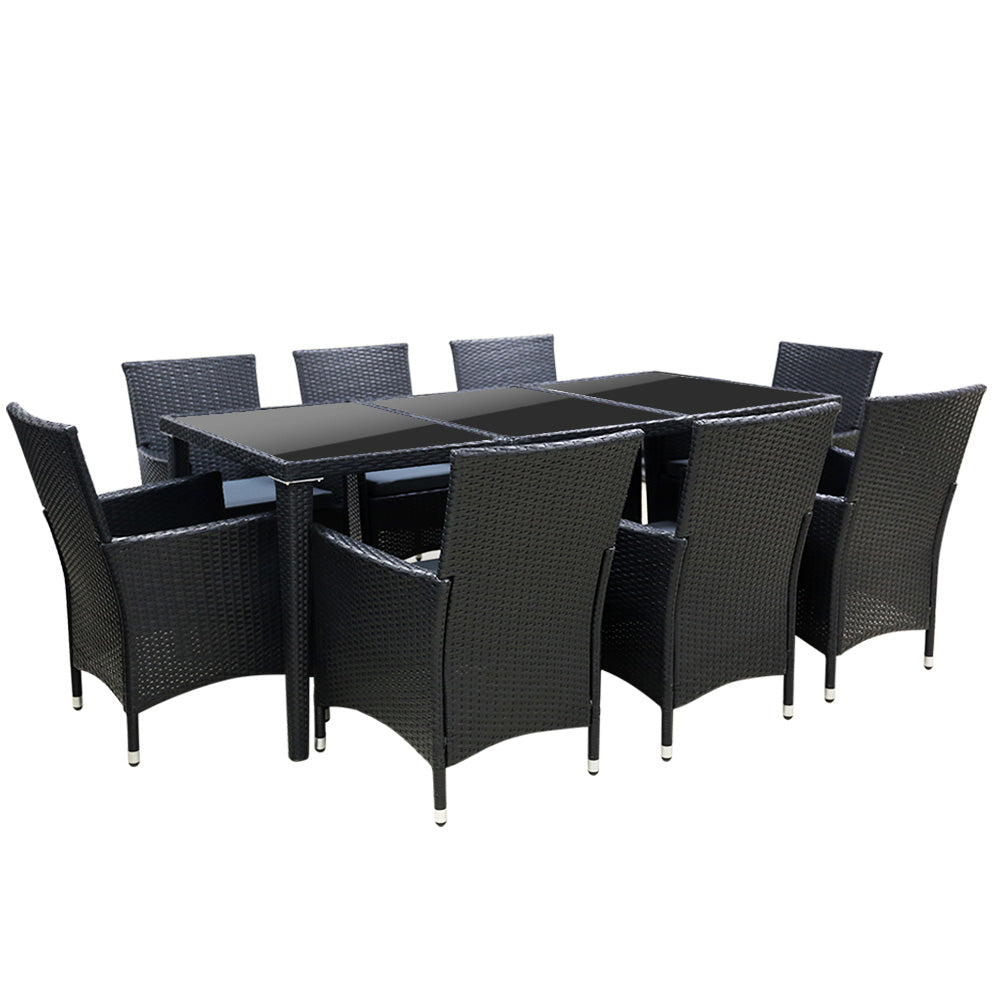 Gardeon Outdoor Dining Set 9 Piece Wicker Lounge Setting Black FF-DINING-9CLS-BK-ABCD